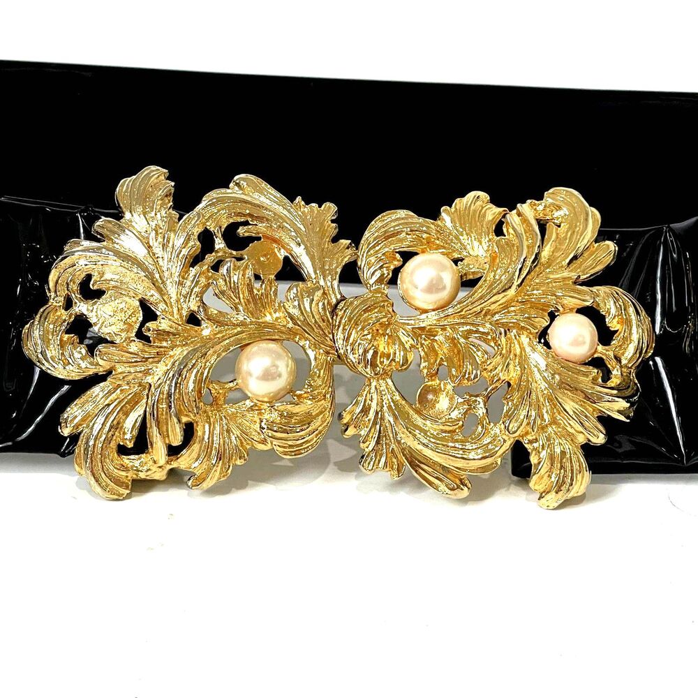 Vtg Mimi Di N Signed 1987 Gold Tone 2 Piece Leaves Faux Pearl Buckle Belt 34.5"